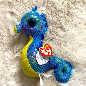 Ty Beanie Boos Neptune Sea Horse Plush Blue Yellow with metallic sparkle
